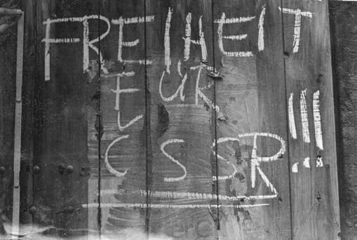 Mit Kreide auf Holz geschriebene Parole "Freiheit für ČSSR!!!".