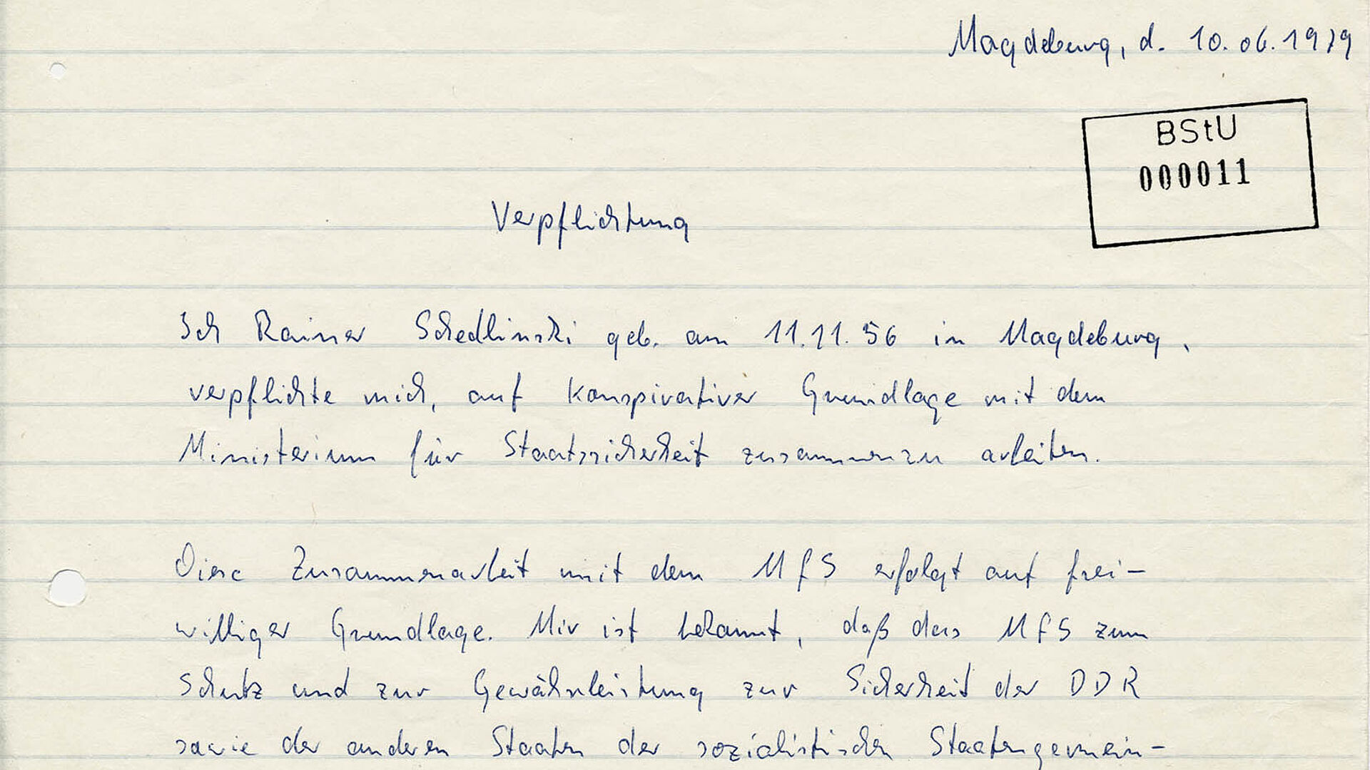 Handschriftliche Verpflichtungserklärung zur Zusammenarbeit mit der Stasi als IM Gerhard von Rainer Schedlinski, Seite 1
