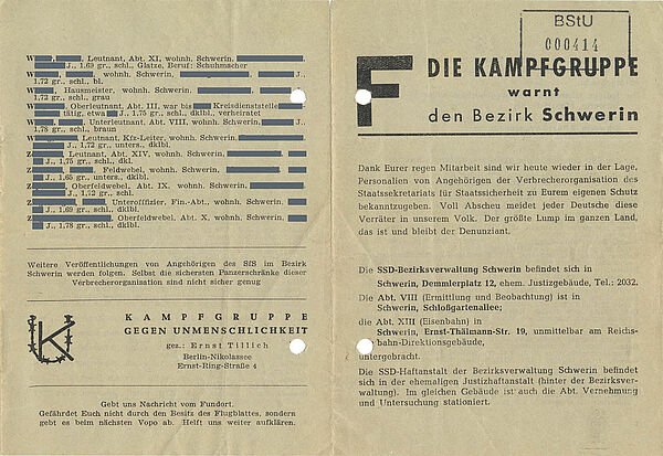 Unter der Überschrift "Die Kampfgruppe warnt den Bezirk Schwerin" listet das Flugblatt Adressen von Stasi-Dienststellen und persönliche Angaben zu Stasi-Mitarbeitern auf. Es enthält teilweise den vollen Namen, den Dienstgrad, die Diensteinheit, die Wohnadresse und erkennungsdienstliche Angaben zu Alter, Körpergröße oder Haarfarbe der Stasi-Mitarbeiter