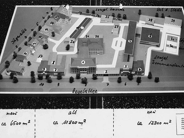 Abbildung eines Modells mit verschiedenen Gebäuden auf denen Nummern, Straßennamen und Angaben zur Größe des Geländes stehen
