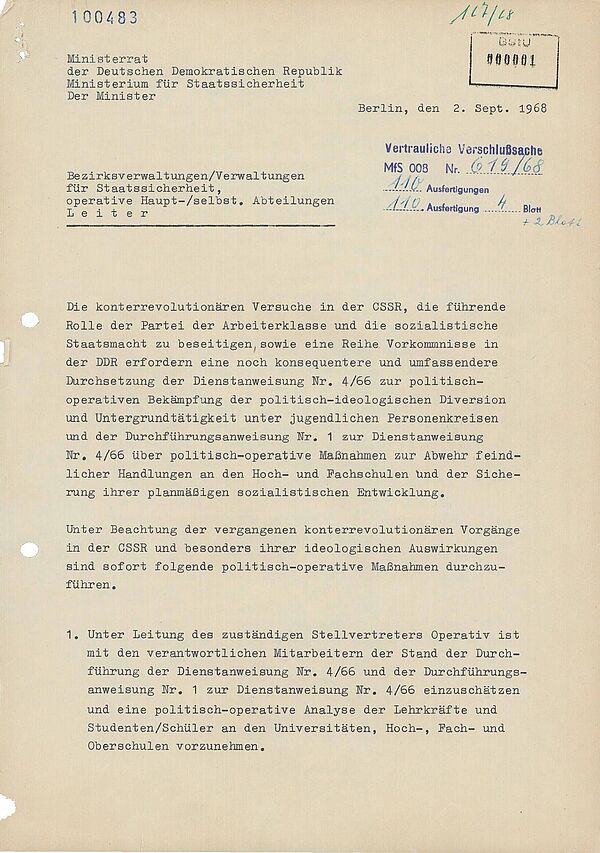 Textdokument, des Ministerrats der DDR, Ministerium für Staatssicherheit an die Leiter der Bezirksverwaltungen der Stasi