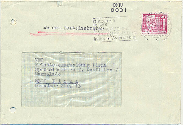 Briefumschlag, adressiert an den Parteisekretär des VEBN Früchteverarbeitung Pirna.