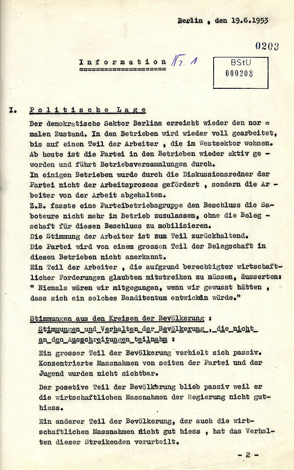 Mit "Information" überschriebenes Textdokument informiert daüber, dass sich die politische Lage im "demokratischen Sektor Berlins", also Ost-Berlin, beruhigt habe.
