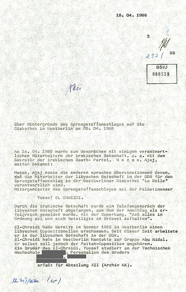 Der Bericht gibt detaillierte Informationen, die die Stasi von Mitarbeitern der Botschaft des Irak in Ost-Berlin erhalten hatte.