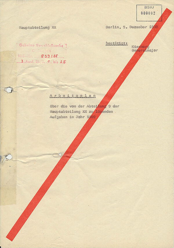 Deckblatt des Jahresplans der HA XX/9 für das Jahr 1989, mit rotem Querbalken und Stempel als Verschlusssache gekennzeichnet und vom Chef HA XX, Paul Kienberg, bestätigt.