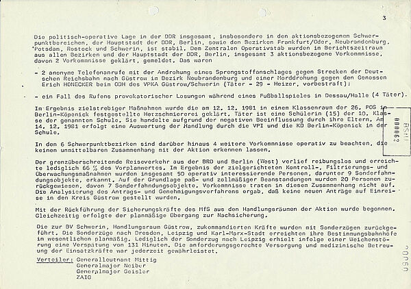Ein Bericht der Stasi über ihren Einsatz während des Besuchs von Bundeskanzler Schmidt in Güstrow. Die Stasi hält ihren Einsatz für erfolgreich. Die Maßnahmen der Stasi nochmals detailliert rekapituliert und ihr Erfolg konstatiert.