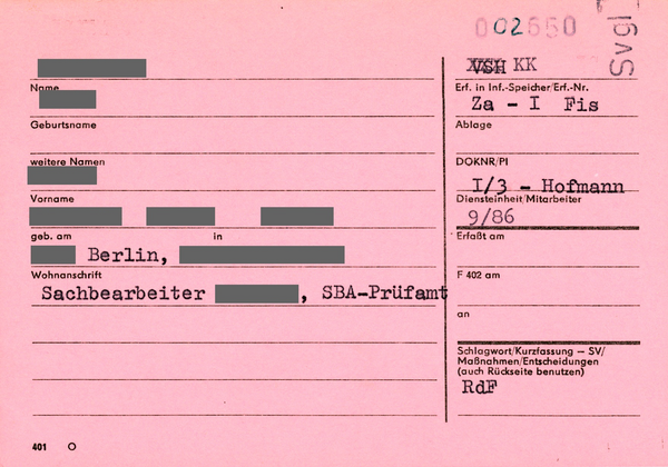 Stasi-Karteikarte DIN A6, rosafarben, Vorderseite