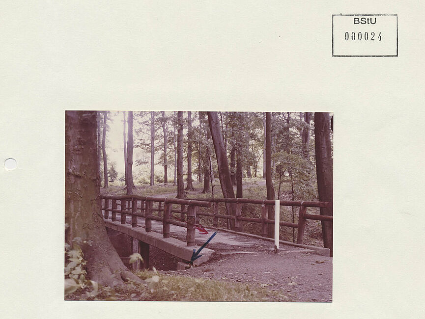 Foto der Brücke im Waldgebiet Lührmannwald in Essen, unter der sich der Tote Briefkasten befindet. Ein Pfeil weist dessen Position aus.
