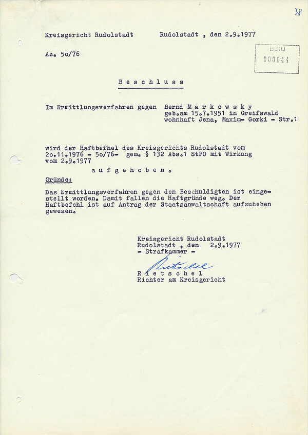 Aufhebung des Haftbefehls vom Kreisgericht Rudolstadt, handschriftlich unterzeichnet von Rietschel, Richter am Kreisgericht.