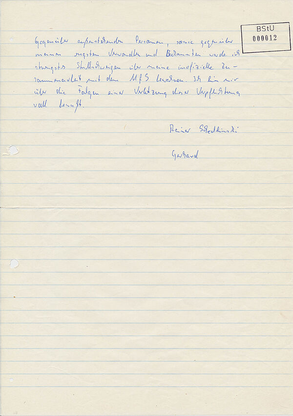 Handschriftliche Verpflichtungserklärung zur Zusammenarbeit mit der Stasi als IM Gerhard von Rainer Schedlinski, Seite 2