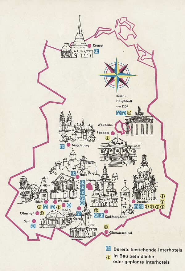 Eine Karte in den Umrissen der DDR, auf der anhand von Zeichnungen berühmter Sehenswürdigkeiten die Standorte von Interhotels eingezeichnet sind.
