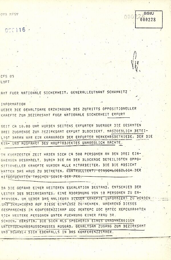 Maschinell verfasster Text, der über die Besetzung der Erfutert Stasi-Verwaltung berichtet.