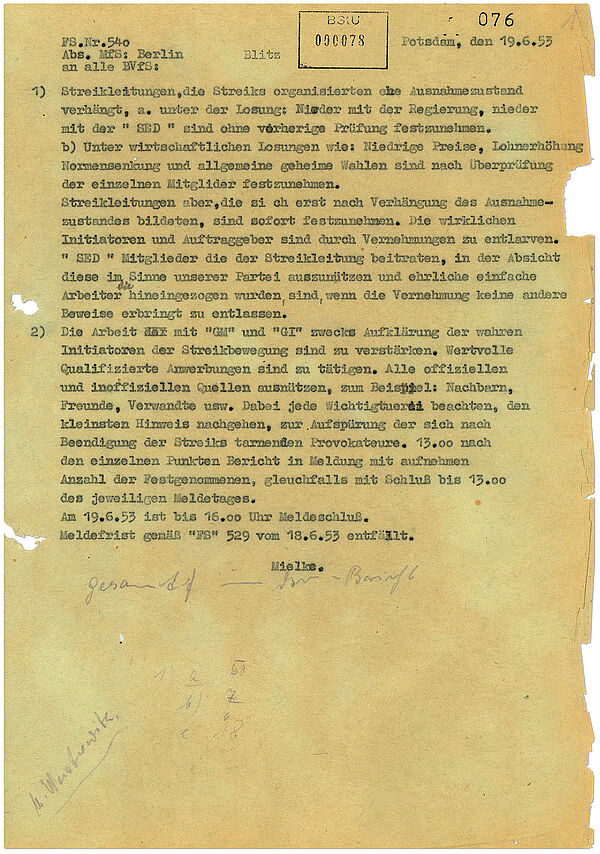 Fernschreiben des MfS-Staatssekretärs Erich Mielke zum Umgang mit Aufständischen, 19. Juni 1953