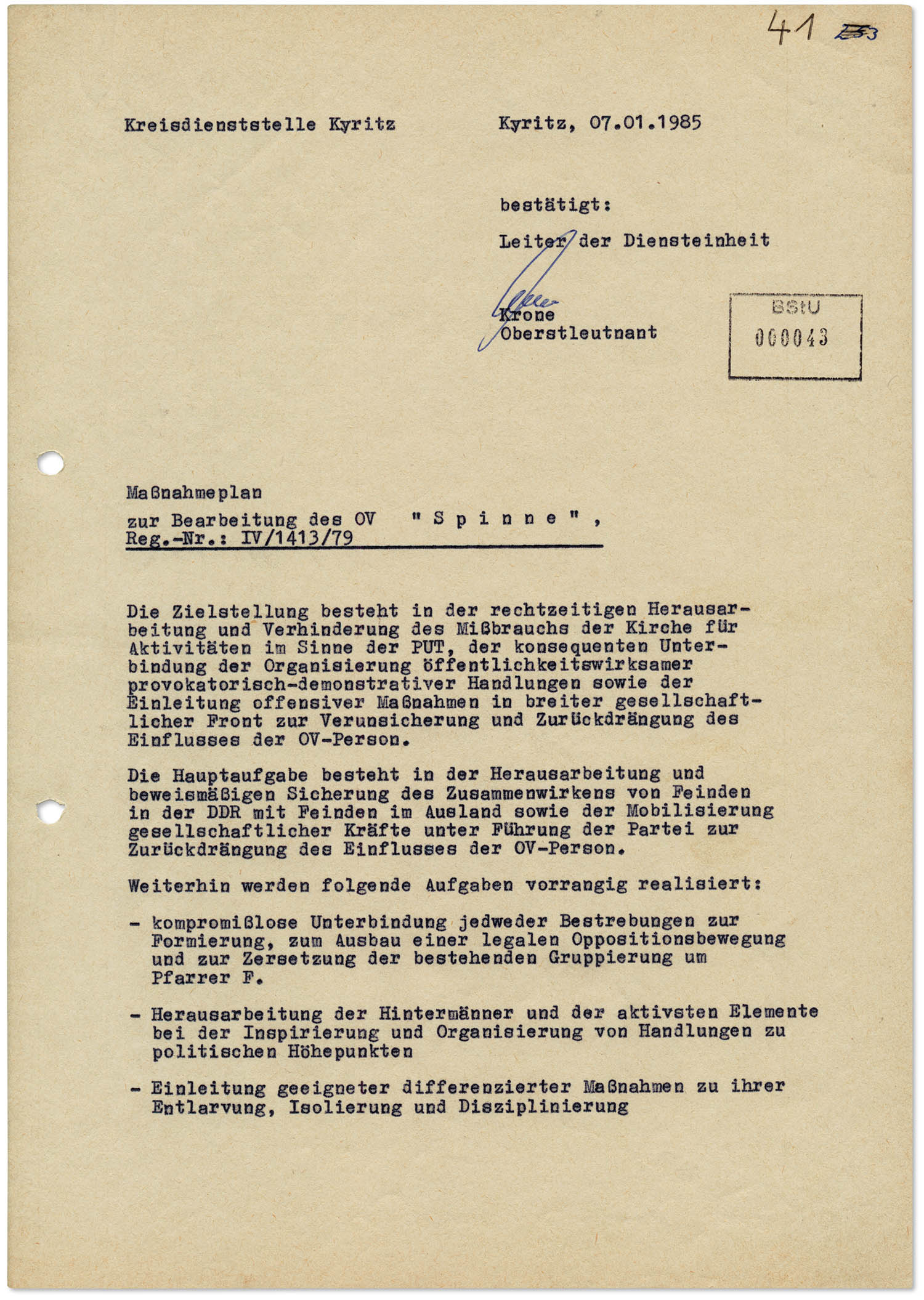 Quelle: BArch, MfS, BV Potsdam, Vorl. A, Nr. 155/89, Bd. 6, Bl. 43 Die Abbildung zeigt ein von der Kreisdienststelle Kyritz angefertigtes Textdokument