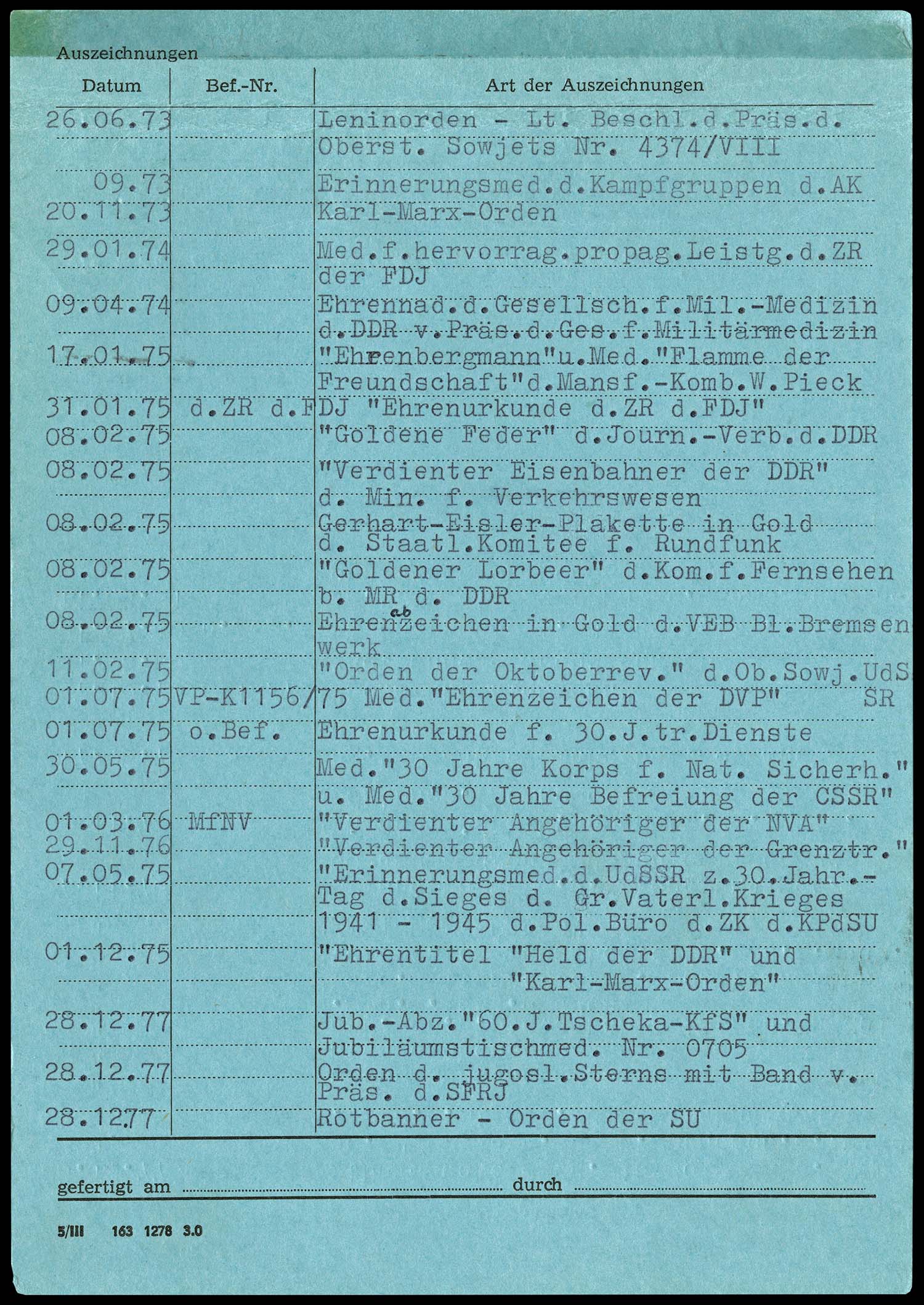 Karteikarte im Format DIN A5 mit einer Liste von Aufzeichnungen, die die Namen der Auszeichnungen und das jeweilige Verleihungsdatum enthält.