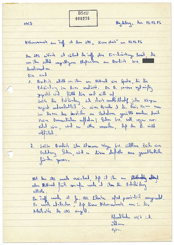 Handschriftlich verfasstes Textdokument, an einer Stelle ist etwas anonymisiert.