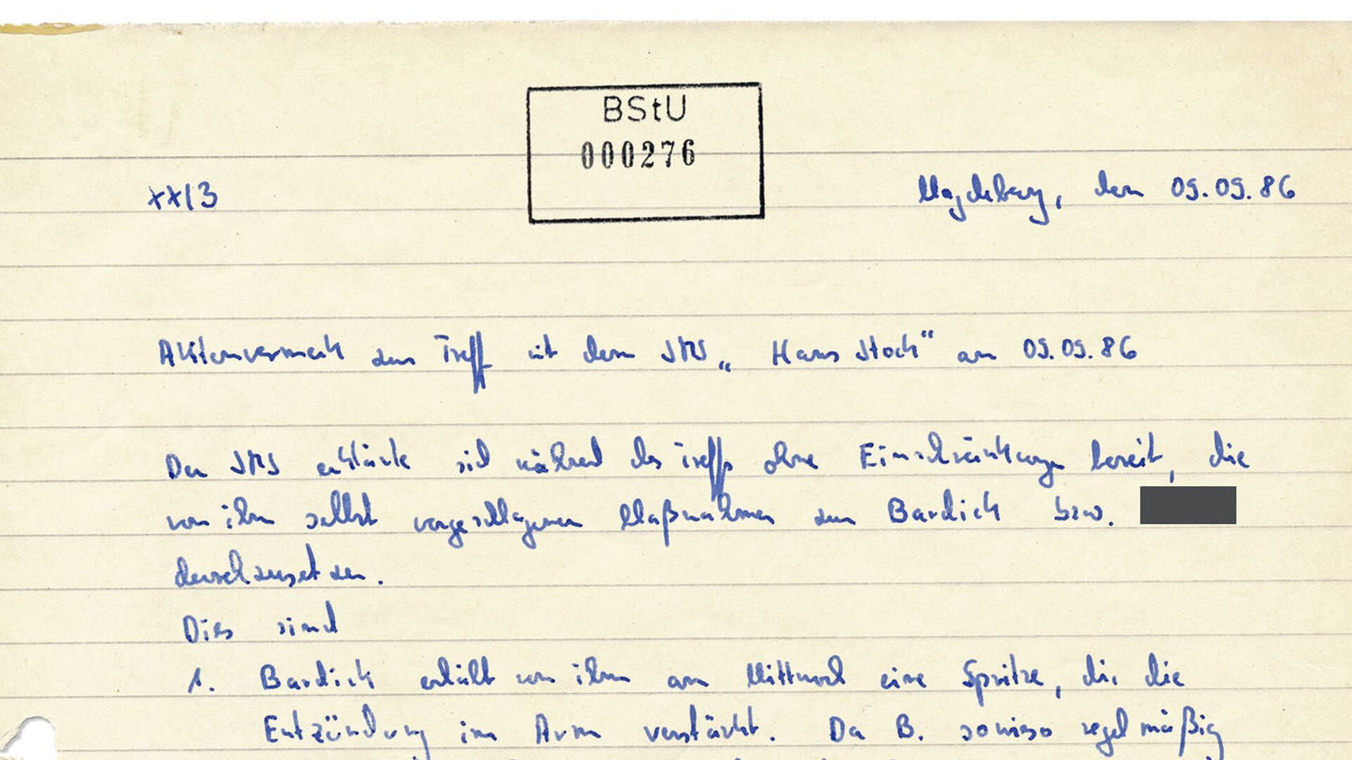 Handschriftlich verfasstes Textdokument, an einer Stelle ist etwas anonymisiert.