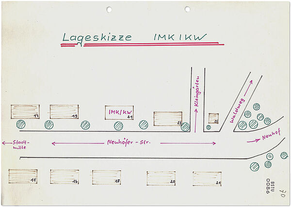 Lageskizze der konspirativen Wohnung (IMK/KW) "Weber" der Kreisdienststelle Ludwigslust, um 1985; Quelle: BArch, MfS, BV Schwerin, AIM, Nr. 1504/93, Bd. 1, Bl. 86 Lageskizze einer konspirativen Wohnung, angefertigt mit verschiedenen farbigen Finelinern.