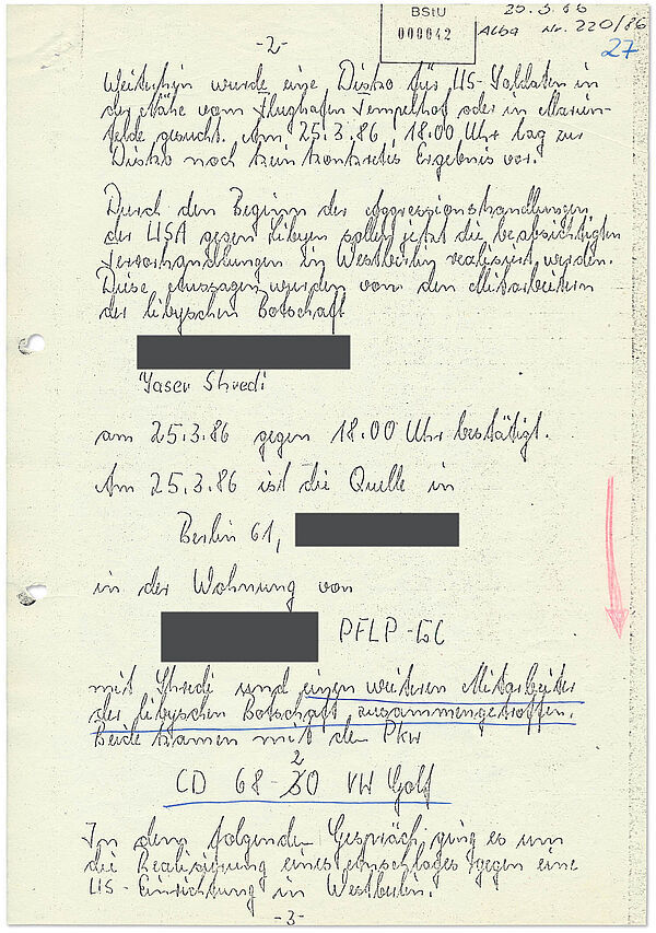 IM-Bericht über Anschlagsvorbereitungen libysch-palästinensischer Terroristen auf US-Soldaten in West-Berlin, März 1986 (Auszug) Handschriftlicher Bericht, dem detaillierte Informationen zu Anschlagsplanungen zu entnehmen sind.