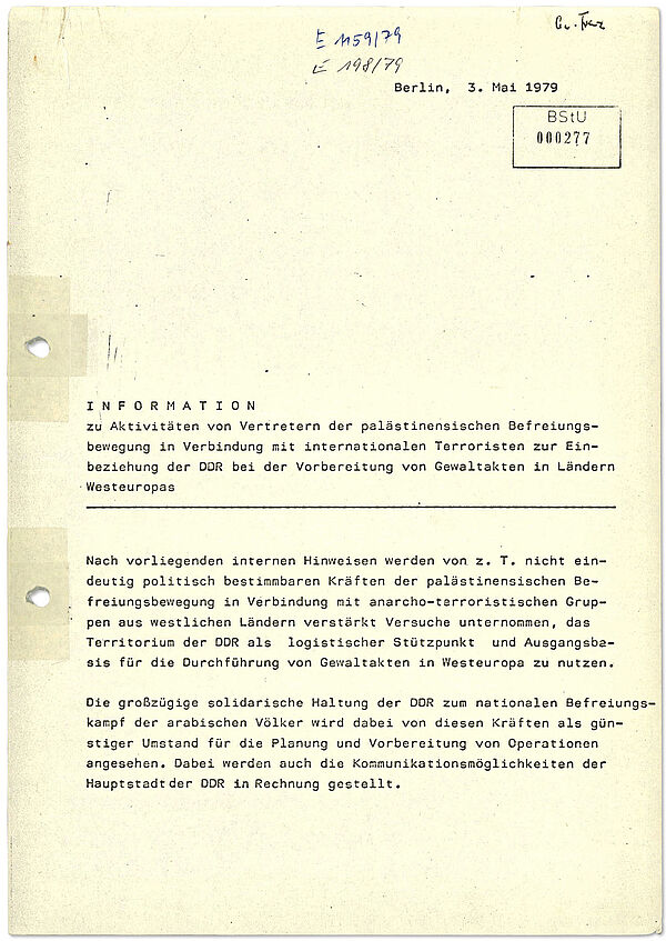Der Text informiert über die damals aktuellen Entwicklungen im Bereich des Terrorismus aus Sicht der Stasi. Schwerpunkt sind terroristische Netzwerke im Zusammenhang mit dem Nahost-Konflikt sowie deren Verbindungen zu West-Deutschen Terrorzellen wie der Roten Armee Fraktion.  Brisant ist, das der Stasi bewusst war, dass international gesuchte Terroristen wie "Carlos" vom Gebiet sozialistischer Staaten operierten, auch von Ost-Berlin aus.