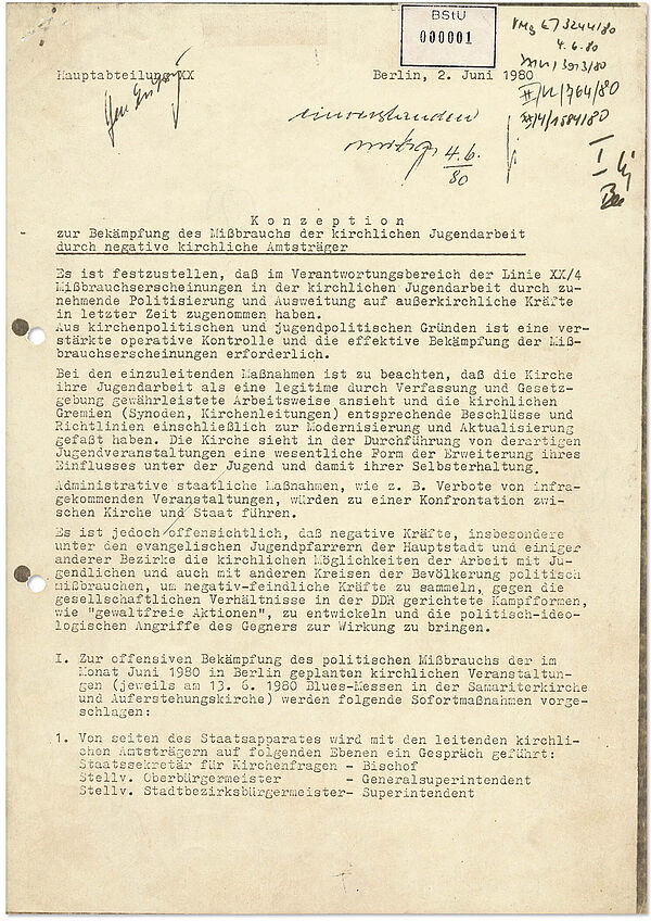 Quelle: BArch, MfS, HA XX, AKG, Nr. 5919, Bl. 1 Das Bild zeigt ein Textdokument der Hauptabteilung XX