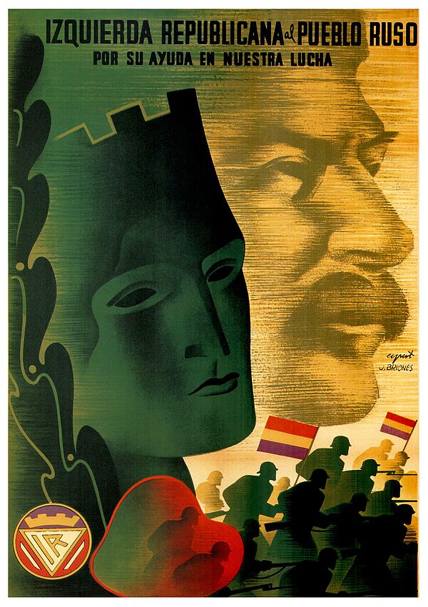 Ein gemaltes Plakat. Oben ein Textfeld:„Izquierda republicana al pueblo ruso – por su ayuda en nuestra lucha". Links der Kopf einer Allegorie der spanischen Republik, hinter ihr der Kopf Josef Stalins. Rechts der Allegorie und unter Stalin Schattenfiguren von Soldaten mit der Flagge der Republik, Stahlhelmen und Gewehren. Sie eilen zum Kampf.