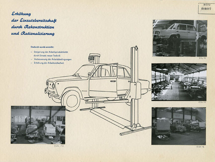 Das Blatt zeigt in seiner Mitte die großformatige Zeichnung eines Autos auf einer Hebebühne. Links oberhalb davon ein Textfeld: „Erhöhung der Einsatzbereitschaft durch Rekonstruktion und Rationalisierung“. Rechts unterhalb dieses Textfelds ein weiteres, kleingedrucktes: „Dadurch wurde erreicht: Steigerung der Arbeitsproduktivität durch Einsatz neuer Technik, Verbesserung der Arbeitsbedingungen, Erhöhung der Arbeitssicherheit“. Rund um die Zeichnung des Autos vier Fotos aus KFZ-Reparaturwerkstätten.