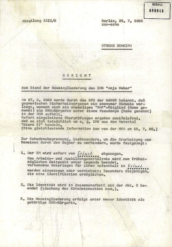 Der mit "Streng Geheim" klassifizierte Bericht enthält unter anderem die Angabe, dass der KGB vermutete, der BND wisse vom Aufenthalt der Terroristin in der DDR.