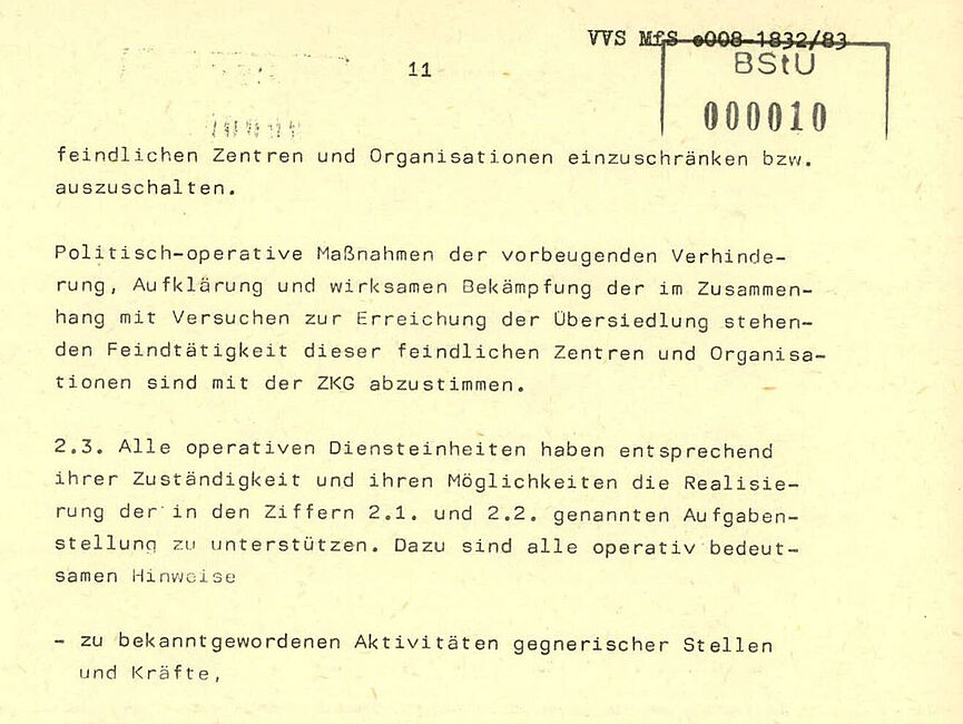 Auszug aus der 46-seitigen Dienstanweisung 2/83 des Ministers für Staatssicherheit Erich Mielke, 13. Oktober 1983