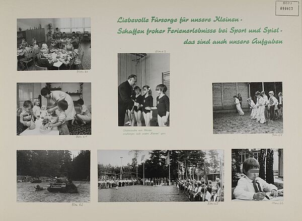 Das Blatt aus dem Fotoalbum trägt die Überschrift: "Liebevolle Fürsorge für unsere Kleinen - schaffen froher Ferienerlebnisse bei Sport und Spiel - das sind auch unsere Aufgaben". Das Blatt zeigt sieben Fotos. In der Mitte ist Erich Mielke mit Mädchen in Turntrikots zu sehen, die er anscheinend auszeichnet. Die anderen zeigen Kinder in einem Kindergarten und Junge Pioniere im Ferienlager, unter anderem bei einem Appell, beim Sackhüpfen und bei militärischen Übungen mit einem Kinderpanzer und Kindersturmgewehren.