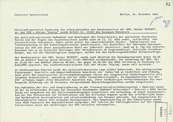 Ein Bericht der Stasi über ihren Einsatz während des Besuchs von Bundeskanzler Schmidt in Güstrow. Die Stasi hält ihren Einsatz für erfolgreich. Die Maßnahmen der Stasi nochmals detailliert rekapituliert und ihr Erfolg konstatiert.