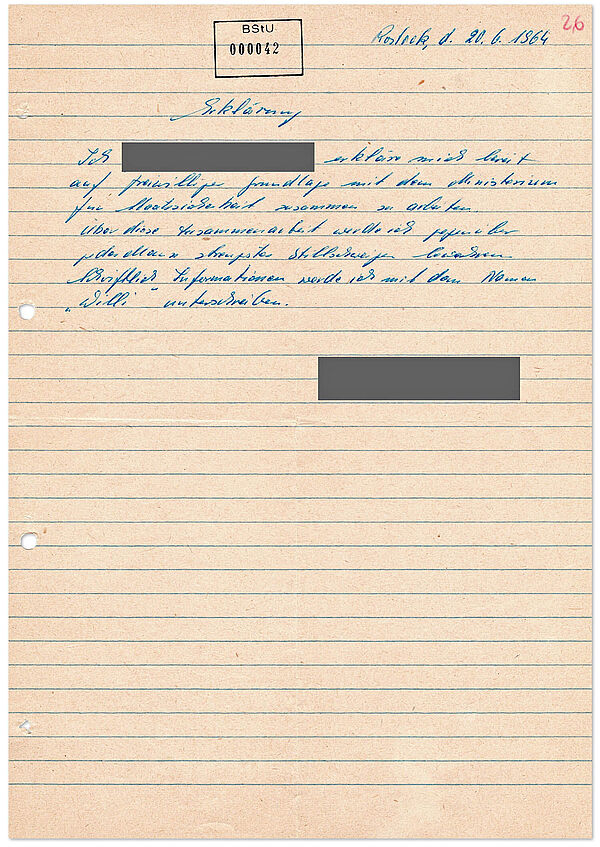 Verpflichtungserklärung des IM "Willi" zur Zusammenarbeit mit der Stasi, 22. Juni 1964; Quelle: BArch, MfS, BV Rostock, AIM, Nr. 29/93, Bd. 1, Bl. 42 Abbildung einer handschriftlich verfassten Erklärung zur Zusammenarbeit mit dem MfS.