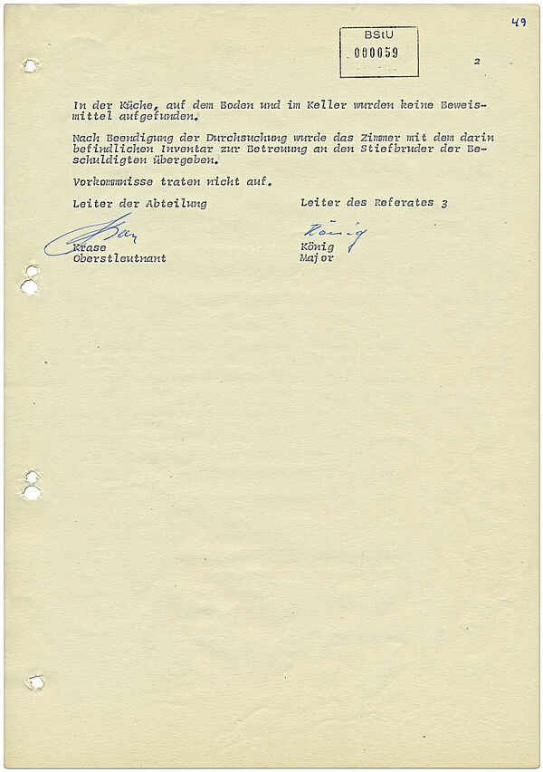 Stasi-Bericht zur Durchsuchung der Wohnung von Sylke Glaser; BArch, MfS, BV Rostock, AU, Nr. 1646/88, Bd. 1, Bl. 59 Zweite Seite eines Textdokuments, das die Ergebnisse einer Hausurchsuchung protokolliert.