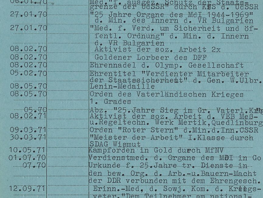 Karteikarte im Format DIN A5 mit einer Liste von Aufzeichnungen, die die Namen der Auszeichnungen und das jeweilige Verleihungsdatum enthält.