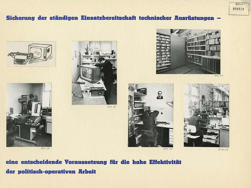 Das Blatt trägt einen oben beginnenden Schriftzug, der sich am unteren Rand fortsetzt: „Sicherung der ständigen Einsatzbereitschaft technischer Ausrüstungen – eine entscheidende Voraussetzung für die hohe Effektivität der politisch-operativen Arbeit“. Dazwischen sind vier Fotos aus Reparaturwerkstätten für Elektronik und eines aus einem Ersatzteillager zu sehen sowie eine Zeichnung eines Bildschirms hinter einer Schreibmaschine.