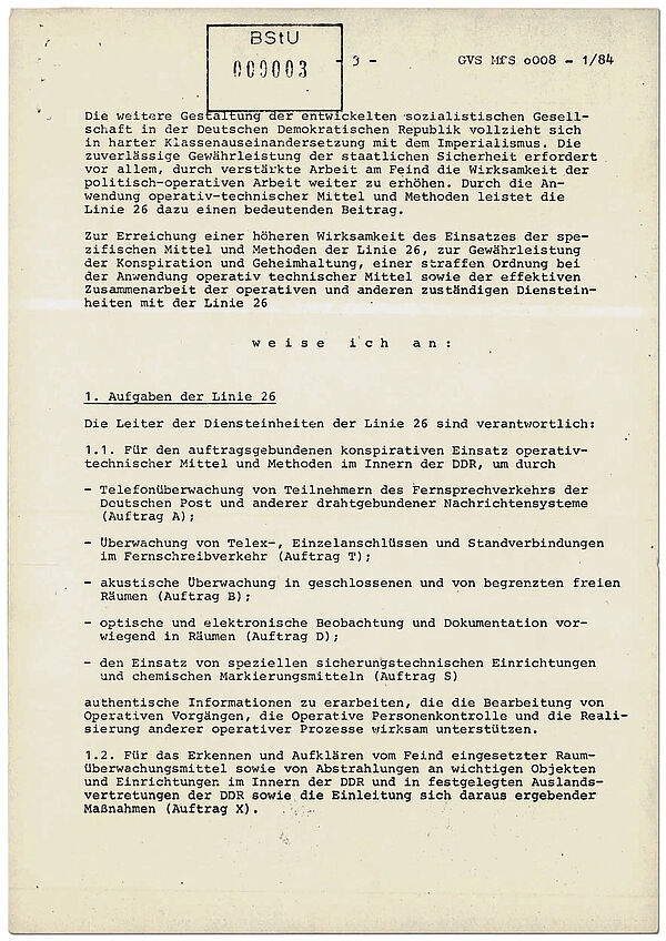 Dienstanweisung 1/84 des Ministers für Staatssicherheit, Erich Mielke über die Aufgaben der Abt. 26, 2. Januar 1984 (Auszug); Quelle: BArch, MfS, BdL, Dok., Nr. 7745, Bl. 3 Textdokument, das die Aufgaben der Linie 26 festhält.