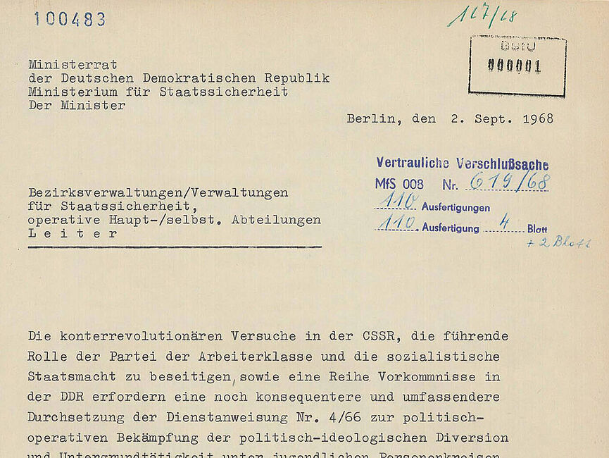 Textdokument, des Ministerrats der DDR, Ministerium für Staatssicherheit an die Leiter der Bezirksverwaltungen der Stasi
