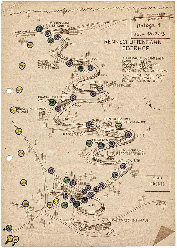 Historisches dokument: Skizze der Rennschlittenbahn Oberhof, Absicherung der Rennrodel-Weltmeisterschaft vom 16. bis 18. Februar 1973