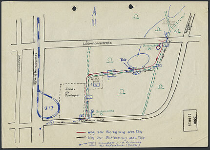 Handschriftliche Planskizze mit den Standort des Toten Briefkastens "Brücke" im Waldgebiet Lührmannwald in Essen und dessen Umgebung im Stadtgebiet.