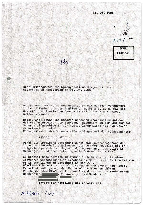 Der Bericht gibt detaillierte Informationen, die die Stasi von Mitarbeitern der Botschaft des Irak in Ost-Berlin erhalten hatte.