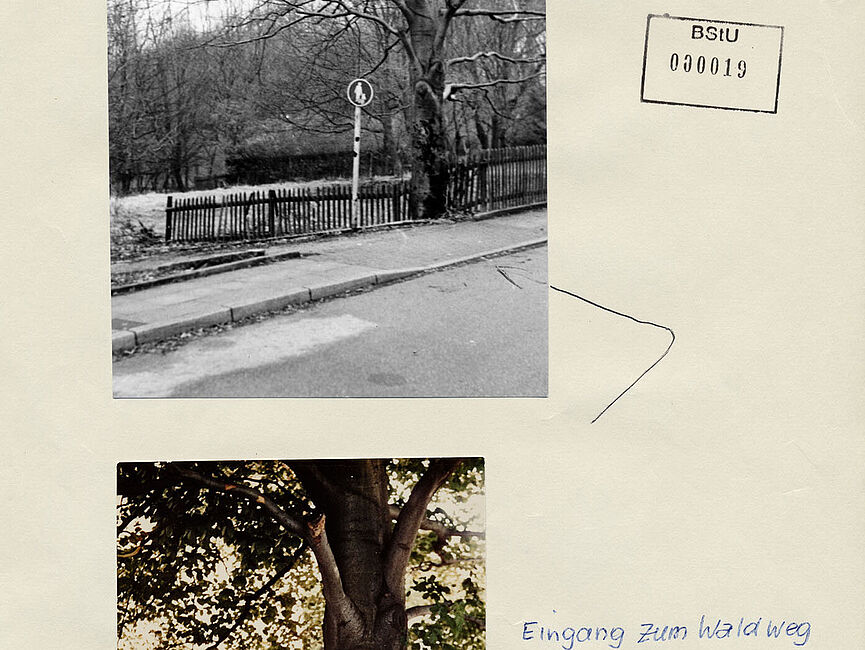 Stasi-Bildbericht zum TBK "Brücke" im Essener Lührmannwald, November 1985 Blatt mit zwei Fotos des Zugangs zum Waldgebiet Lührmannwald in Essen.