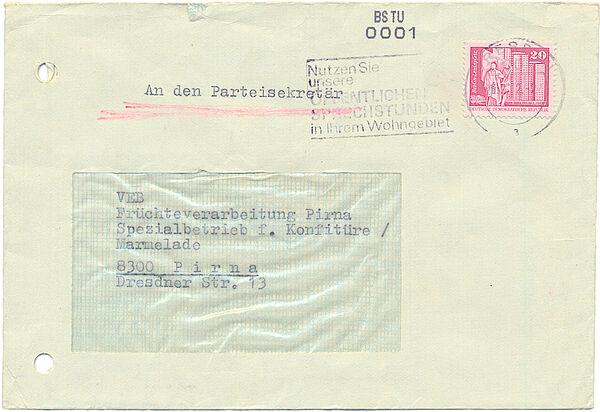 Briefumschlag des Beschwerdebriefs an den SED-Parteisekrtär des VEB Früchteverarbeitung Pirna.