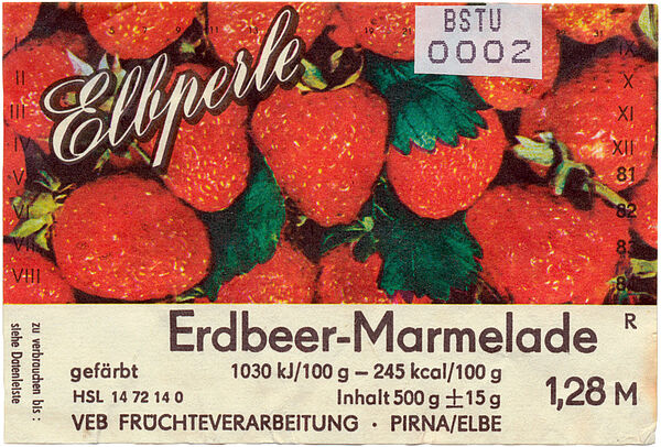 Etikett einer Erdbeer-Marmelade als Beilage des Beschwerdebriefs an den SED-Parteisekrtär der Früchteverarbeitung Pirna, 26.2.1982