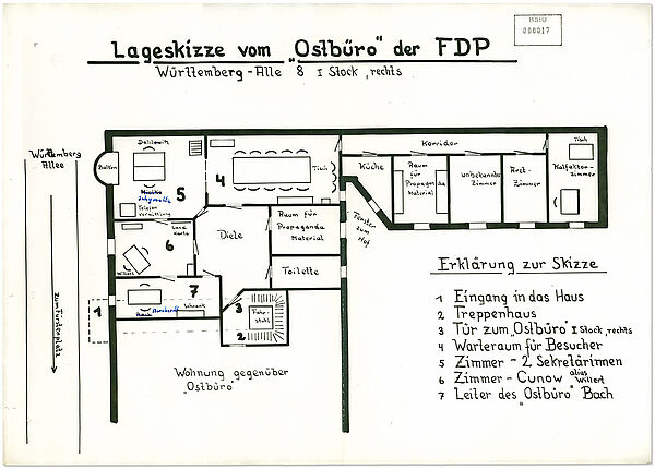 Grundrisszeichnung des "Ostbüros" der FDP mit Büroräumen, Sitzungsraum, Küche, Lager- und Toilettenräumen. Von einem Treppenhaus mit Fahrstuhl gelangt Besucher zunächst in eine Diele. Grundrisszeichnung des "Ostbüros" der FDP mit Brüroräumen, Sitzungsraum, Küche, Lager- und Toilettenräumen. Von einem Treppenhaus mit Fahrstuhl gelangt Besucher zunächst in eine Diele.