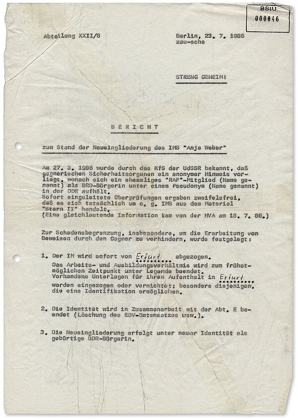 Stasi-Bericht über den Abzug von IM "Anja Weber", der RAF-Terroristin Silke Maier-Witt, aus Erfurt, 23. Juli 1986 Der mit "Streng Geheim" klassifizierte Bericht enthält unter anderem die Angabe, dass der KGB vermutete, der BND wisse vom Aufenthalt der Terroristin in der DDR.