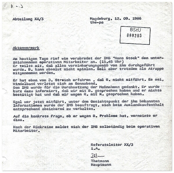 Historisches Dokument: Stasi-Aktenvermerk über einen Anruf des IM "Hans Stock", Mannschaftsarzt des 1. FC Magdeburg, bei seinem Führungsoffizier, 12. September 1986