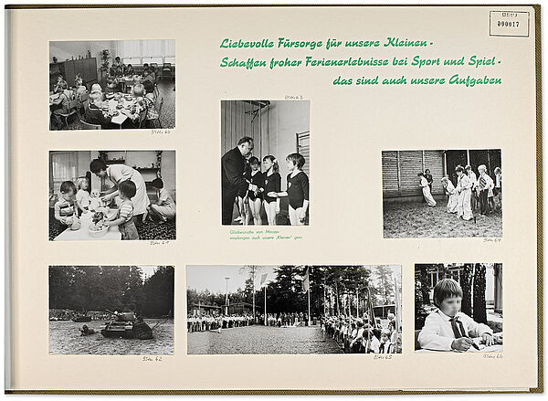 Seite aus einem Fotoalbum der VRD für Minister Erich Mielke als Geschenk zu seinem 70. Geburtstag 1977 mit Fotos zur Kinderbetreuung für Stasi-Angehörige