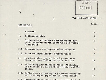 Inhaltsverzeichnis der Dienstanweisung Nr. 1/82 "zur politisch-operativen Sicherung der Volkswirtschaft der DDR", 30. März 1982 Textdokument mit Inhaltsverzeichnis.