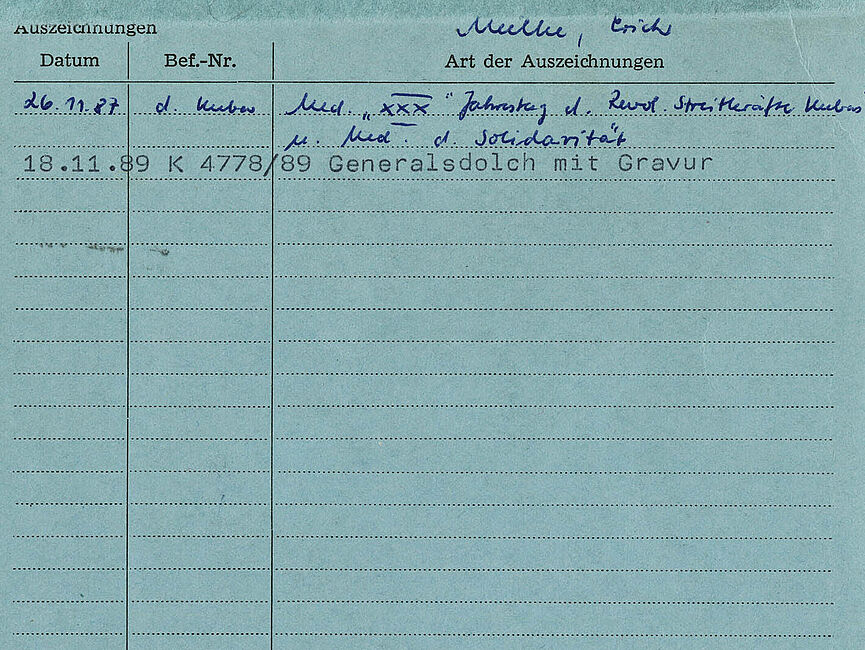 Karteikarte im Format DIN A5 mit einer Liste von Aufzeichnungen, die die Namen der Auszeichnungen und das jeweilige Verleihungsdatum enthält.