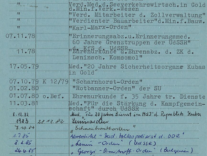 Karteikarte im Format DIN A5 mit einer Liste von Aufzeichnungen, die die Namen der Auszeichnungen und das jeweilige Verleihungsdatum enthält.